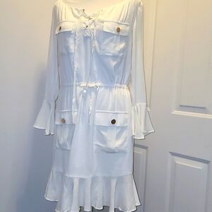 By Egreis Rayon Drawstring Mini Dress Patch Pockets Boat Neck Small NWT NEW